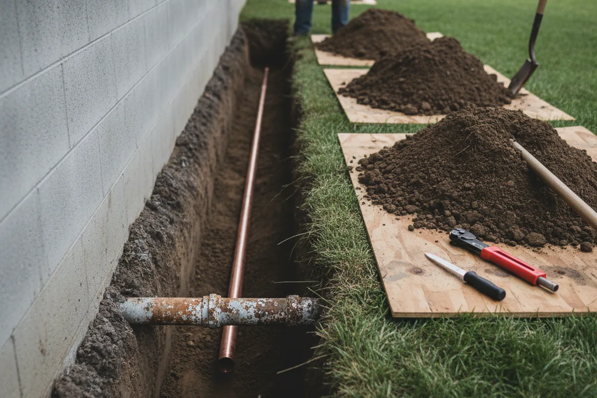 Excavated water line trench during Sewer Line Repair in North Providence